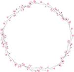 Ein blütenumrankter Kranz umgibt das Wort "Brautglück" in eleganter Schrift. Der Kranz besteht aus kleinen rosa Blüten und Zweigen und verleiht dem Design eine romantische Note.