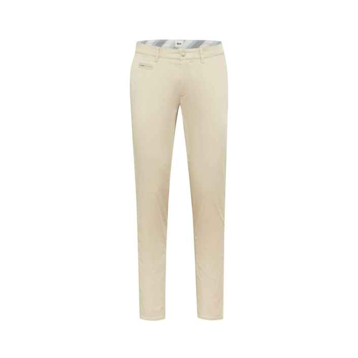 Beige Hose hängt symmetrisch, still vor weißem Hintergrund, betont minimalistisches Design und schlichte Eleganz. Sie hat Taschen und Gürtelschlaufen sowie einen Knopfverschluss.