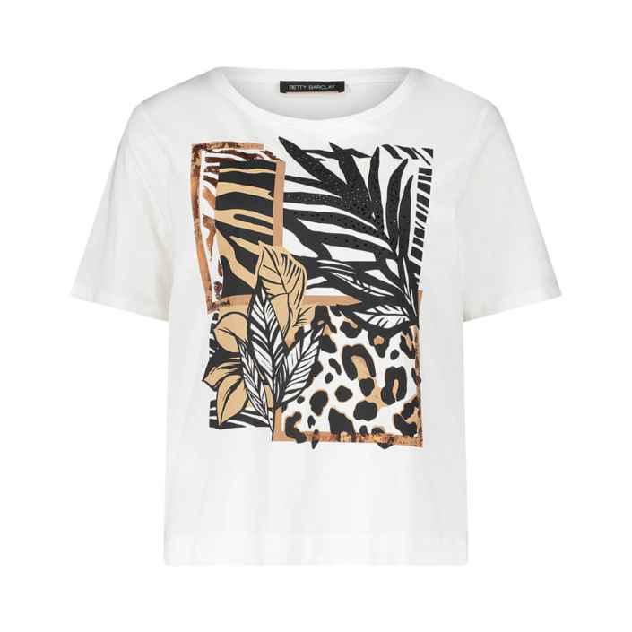 T-Shirt mit grafischem und tierischem Printdesign, dominiert von Blättern und Leopardenmuster, auf weißem Hintergrund. Label "BETTY BARCLAY" am Kragen. Umgebung neutral und schlicht.