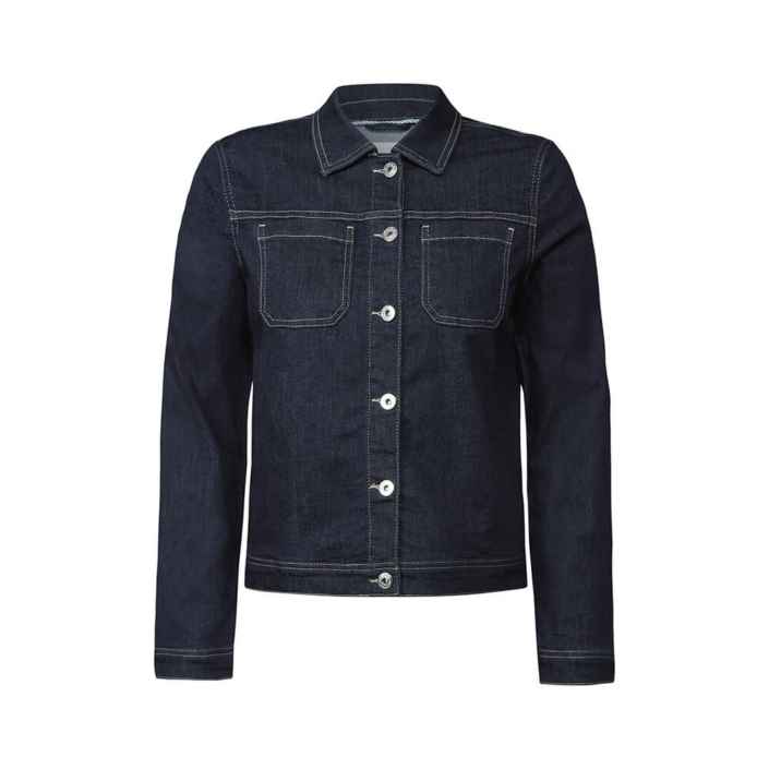 Dunkelblaue Jeansjacke mit durchgehender Knopfleiste vorne und zwei Brusttaschen, zeigt Nähte im Kontrast, auf weißem Hintergrund positioniert.